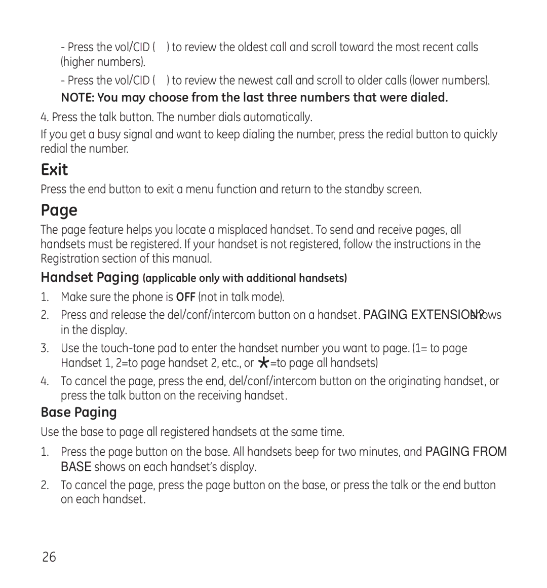 GE 28118 manual Exit, Base Paging 