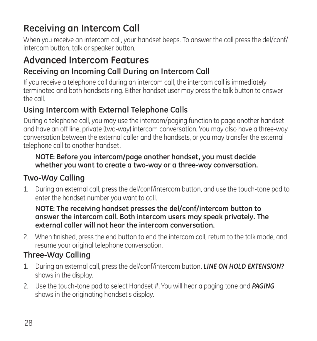 GE 28118 manual Receiving an Intercom Call, Advanced Intercom Features 