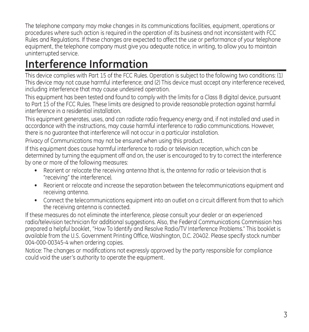 GE 28118 manual Interference Information 