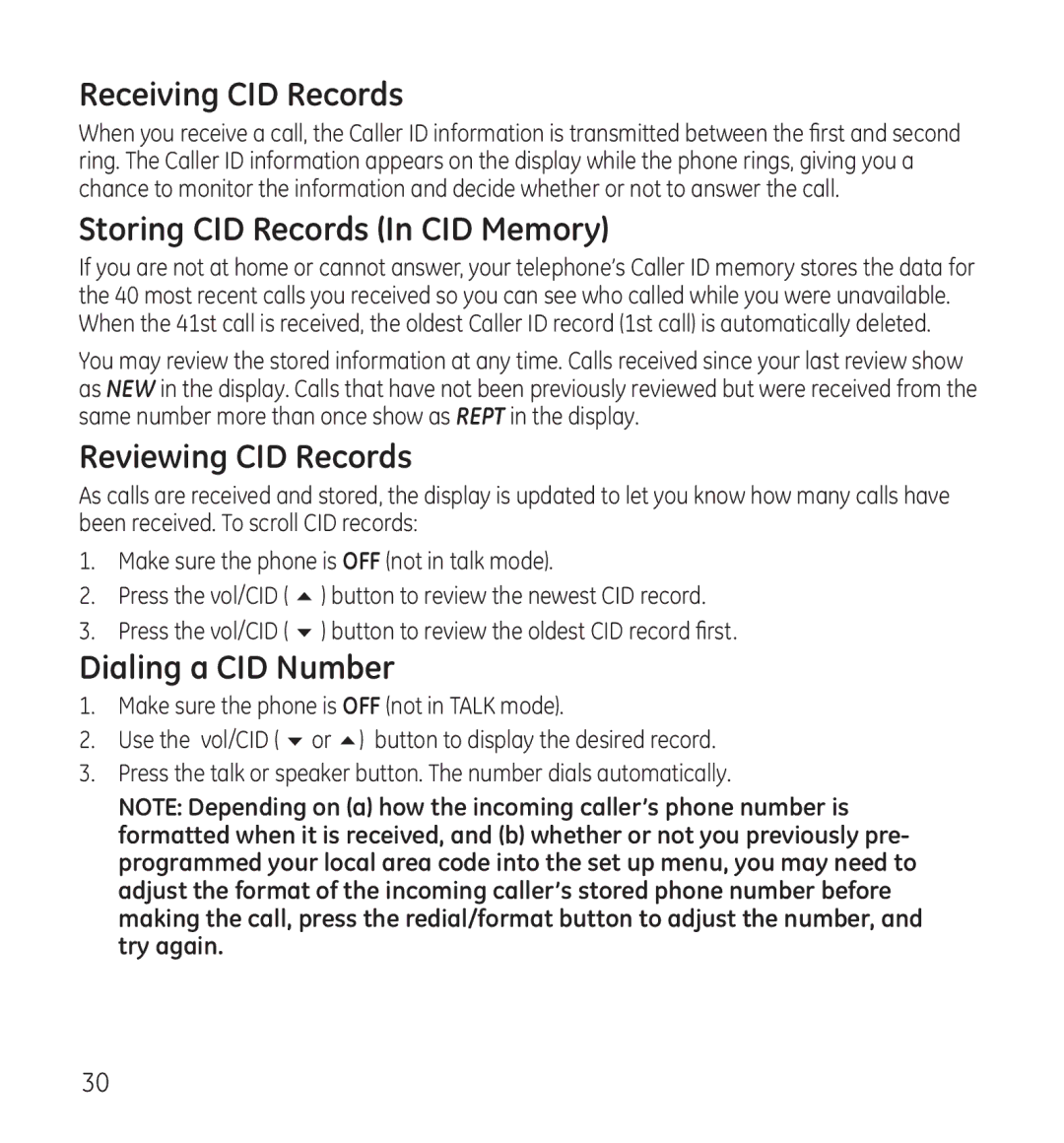 GE 28118 manual Receiving CID Records, Storing CID Records In CID Memory, Reviewing CID Records, Dialing a CID Number 