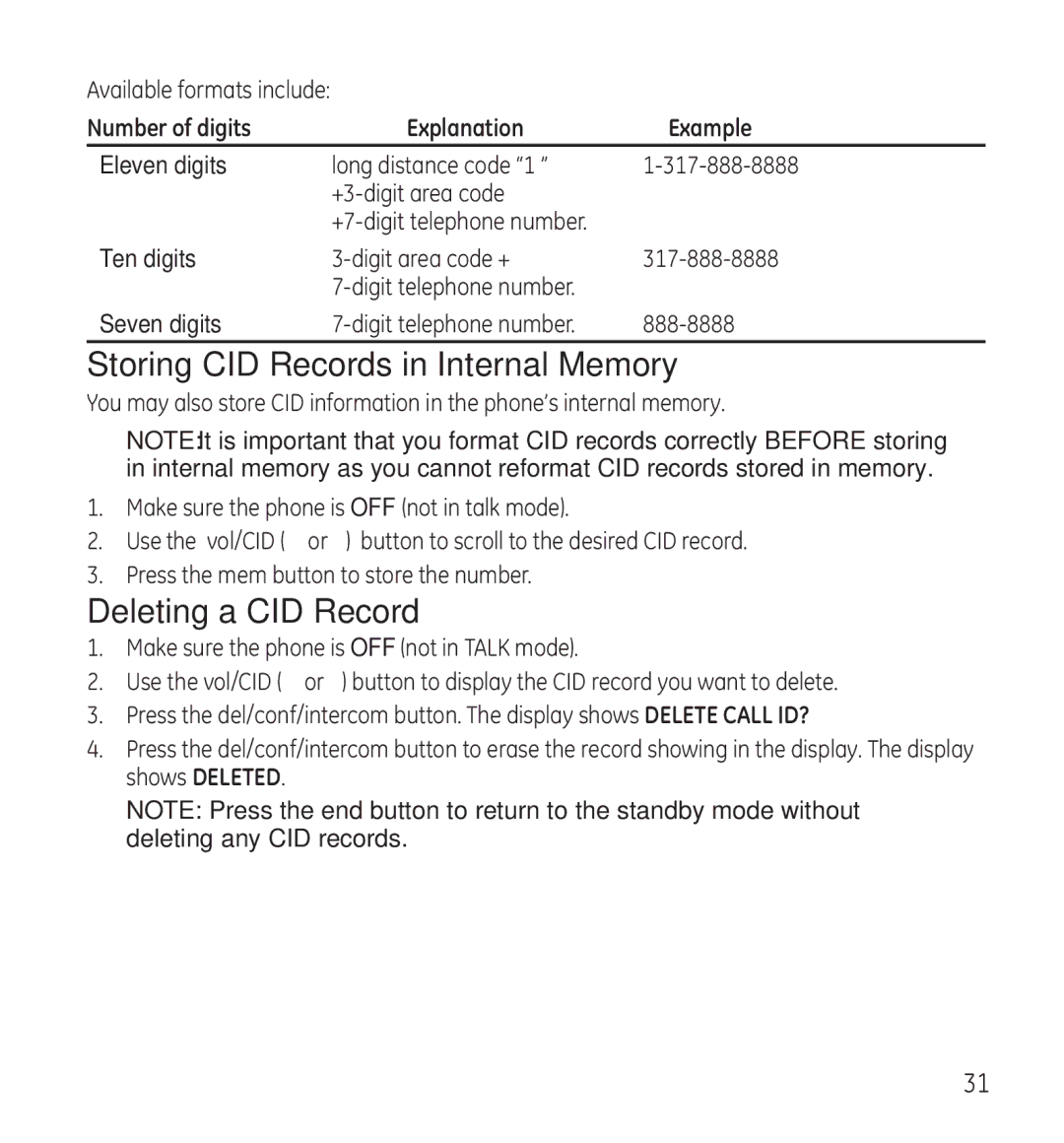 GE 28118 manual Storing CID Records in Internal Memory, Deleting a CID Record, Eleven digits, Ten digits, Seven digits 