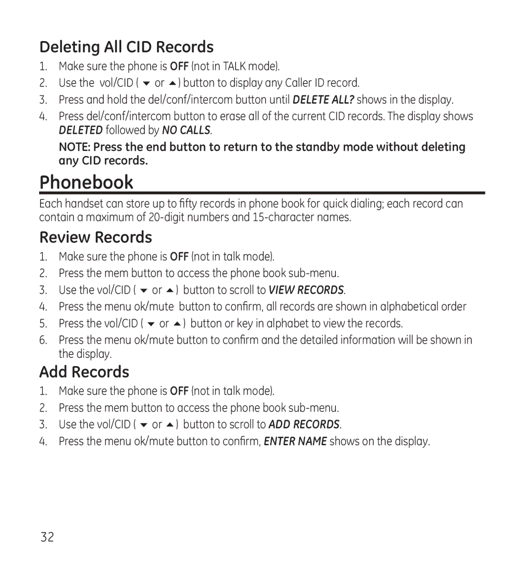 GE 28118 manual Phonebook, Deleting All CID Records, Review Records, Add Records 