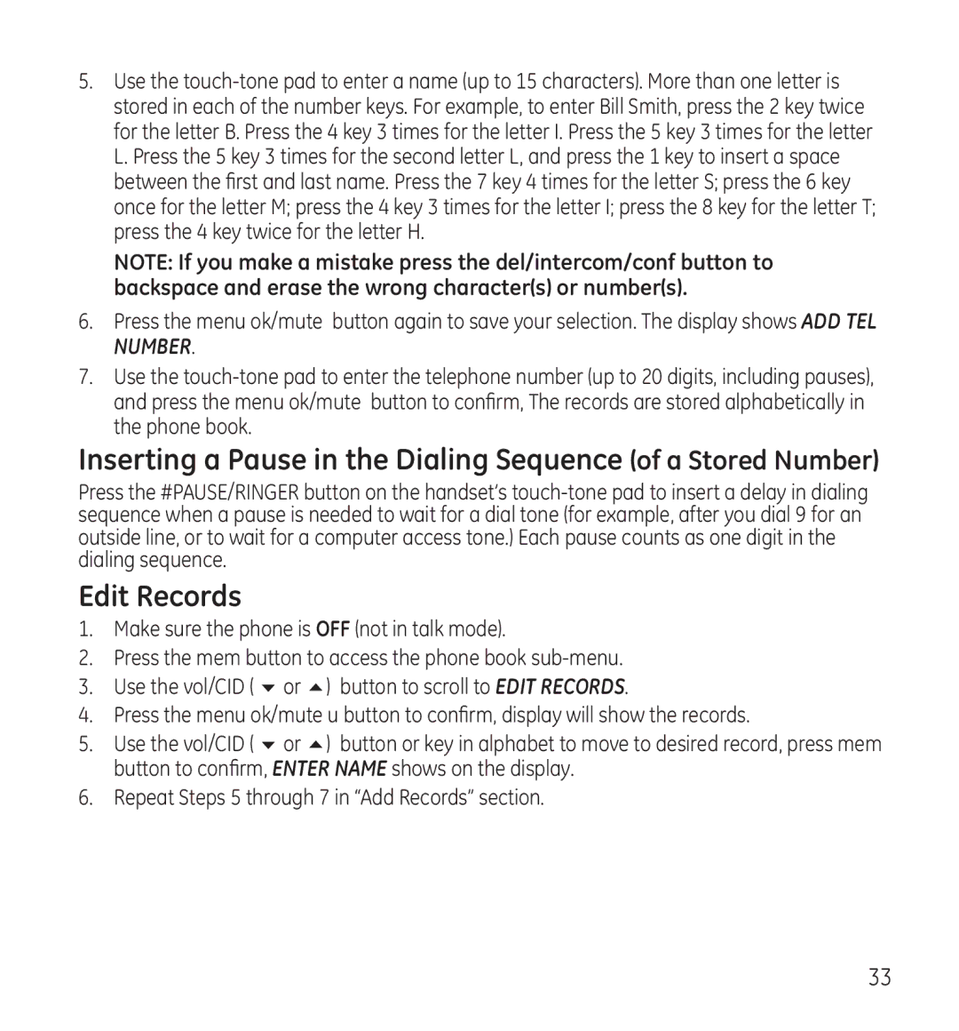 GE 28118 manual Inserting a Pause in the Dialing Sequence of a Stored Number, Edit Records 