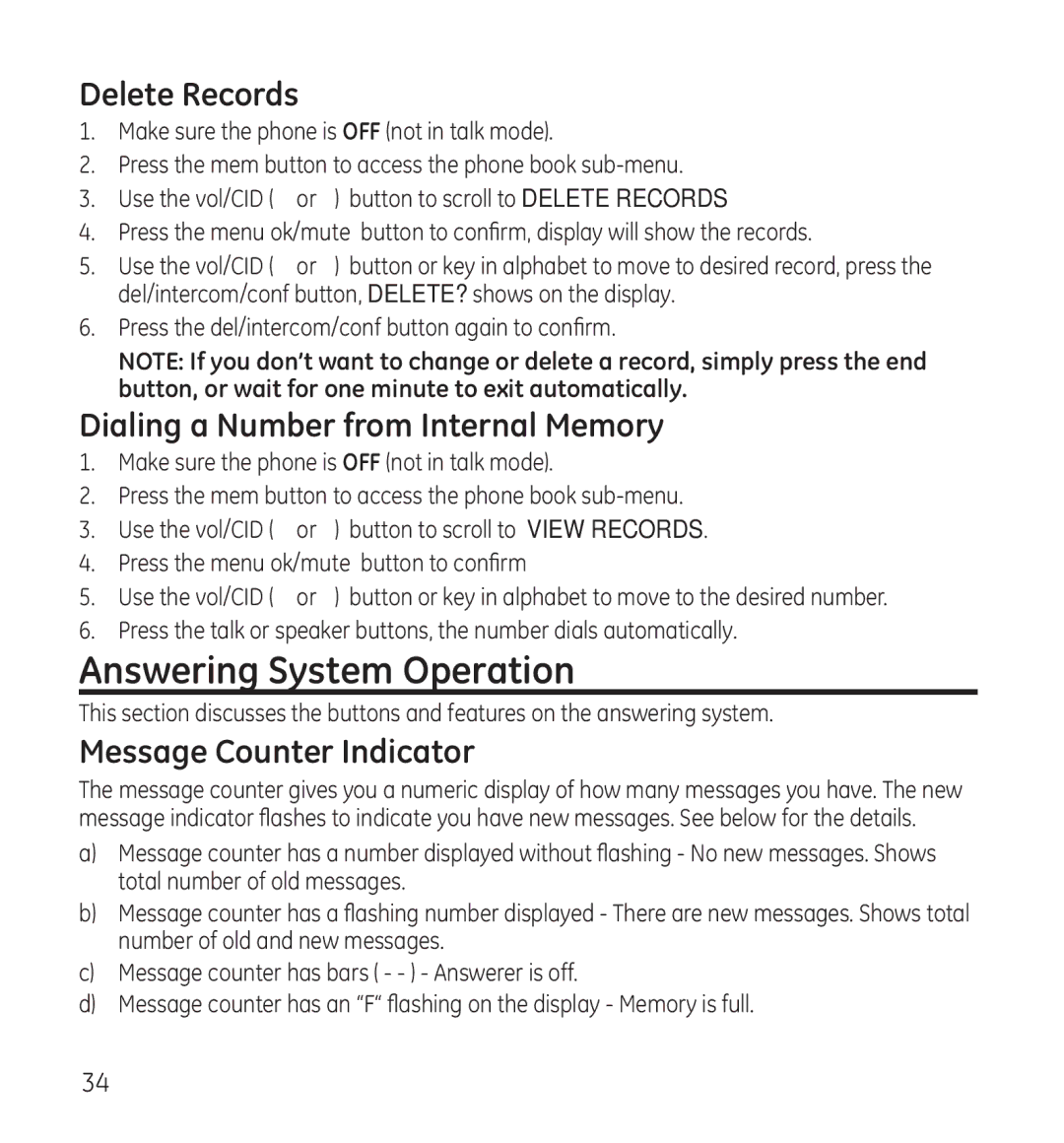 GE 28118 Answering System Operation, Delete Records, Dialing a Number from Internal Memory, Message Counter Indicator 