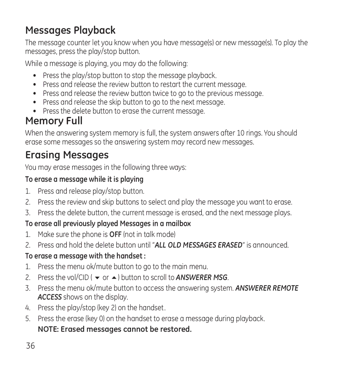 GE 28118 manual Messages Playback, Memory Full, Erasing Messages 