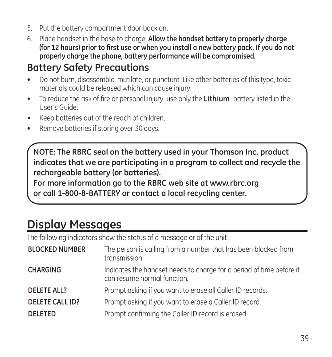 GE 28118 manual Display Messages, Battery Safety Precautions 