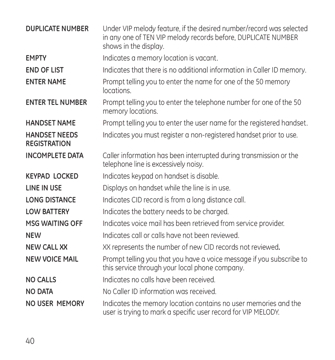 GE 28118 manual Shows in the display, Indicates a memory location is vacant, Locations, Memory locations 