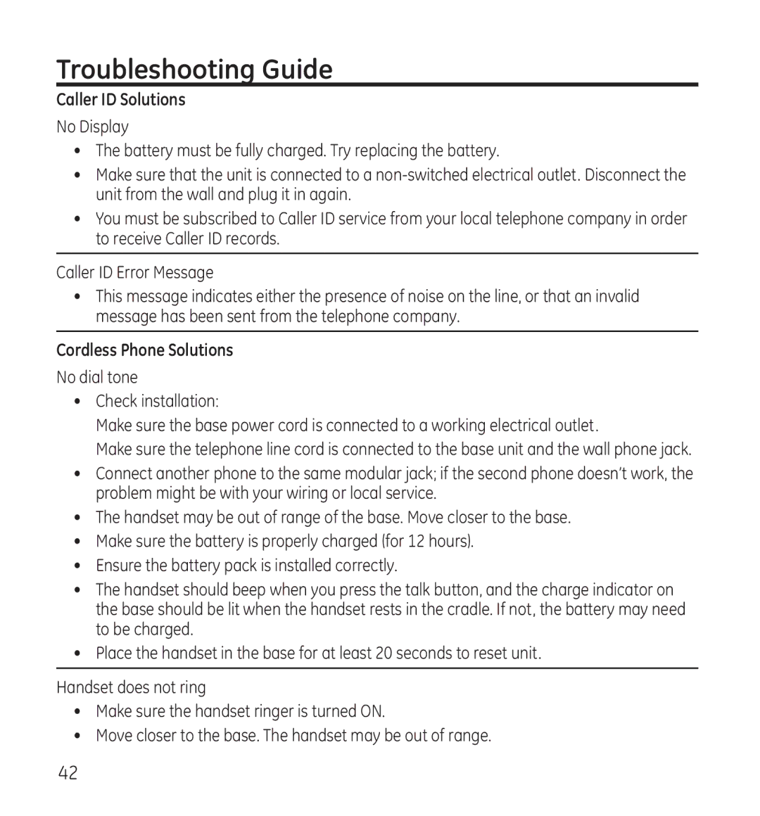 GE 28118 manual Troubleshooting Guide, Caller ID Solutions, Cordless Phone Solutions 