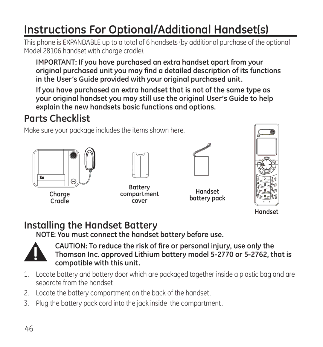 GE 28118 manual Instructions For Optional/Additional Handsets, Parts Checklist 