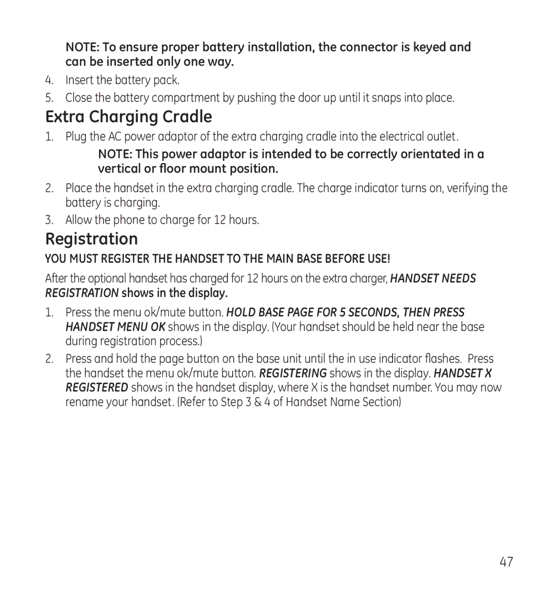 GE 28118 manual Extra Charging Cradle, Registration shows in the display 