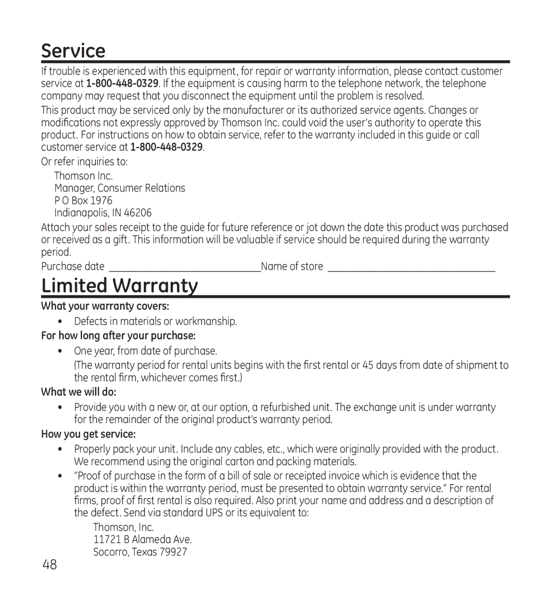 GE 28118 manual Service, Limited Warranty 