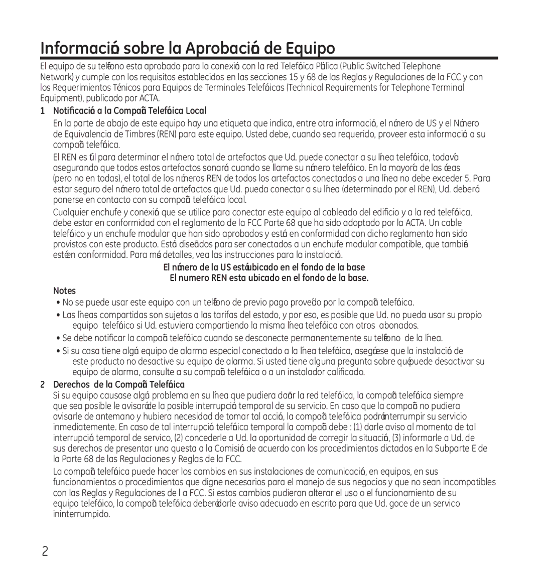 GE 28118 manual Información sobre la Aprobación de Equipo, Notificación a la Compañía Telefónica Local 