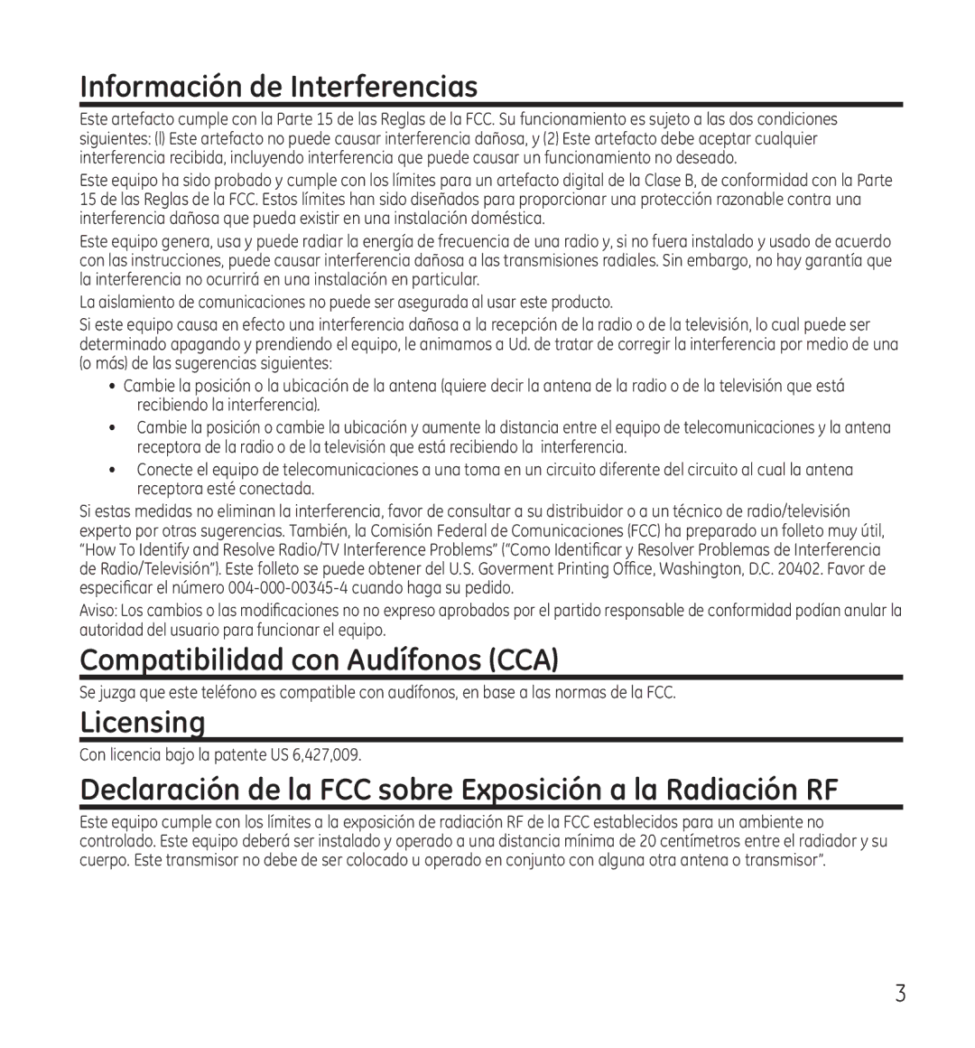 GE 28118 manual Información de Interferencias, Compatibilidad con Audífonos CCA, Licensing 