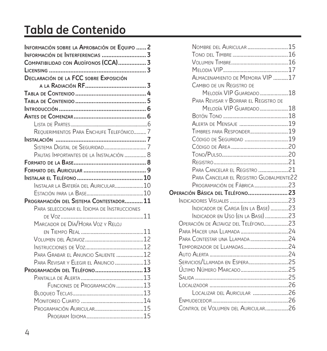 GE 28118 manual Tabla de Contenido, Información de Interferencias 