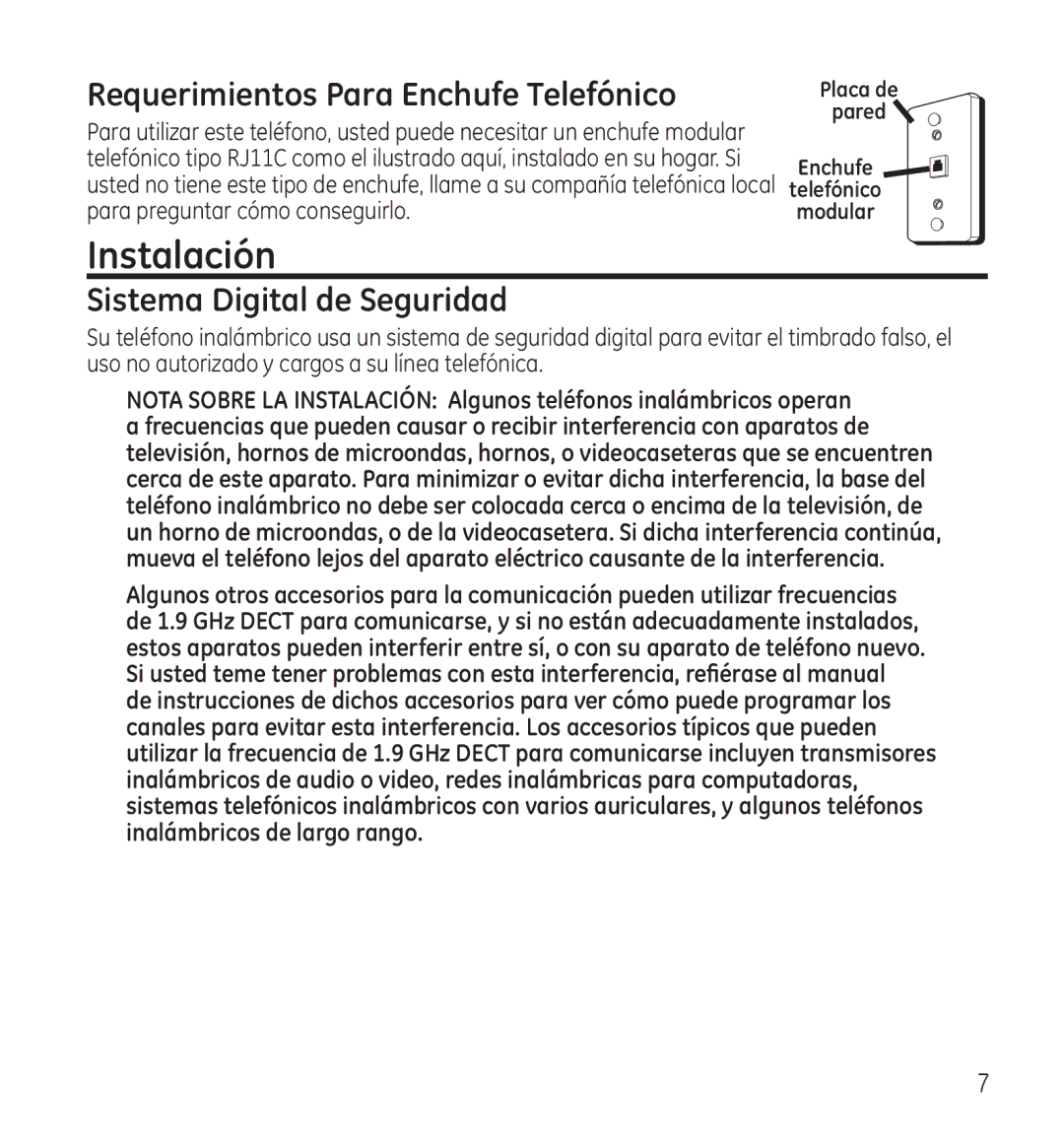 GE 28118 manual Instalación, Requerimientos Para Enchufe Telefónico, Sistema Digital de Seguridad 