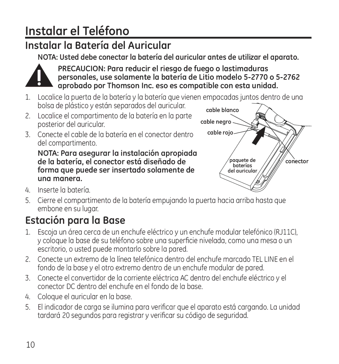 GE 28118 manual Instalar el Teléfono, Instalar la Batería del Auricular, Estación para la Base 