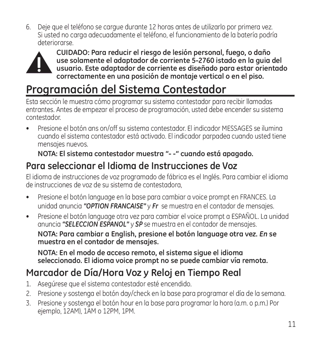 GE 28118 manual Programación del Sistema Contestador, Para seleccionar el Idioma de Instrucciones de Voz 