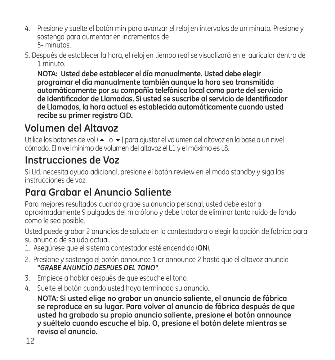 GE 28118 manual Volumen del Altavoz, Instrucciones de Voz, Para Grabar el Anuncio Saliente 