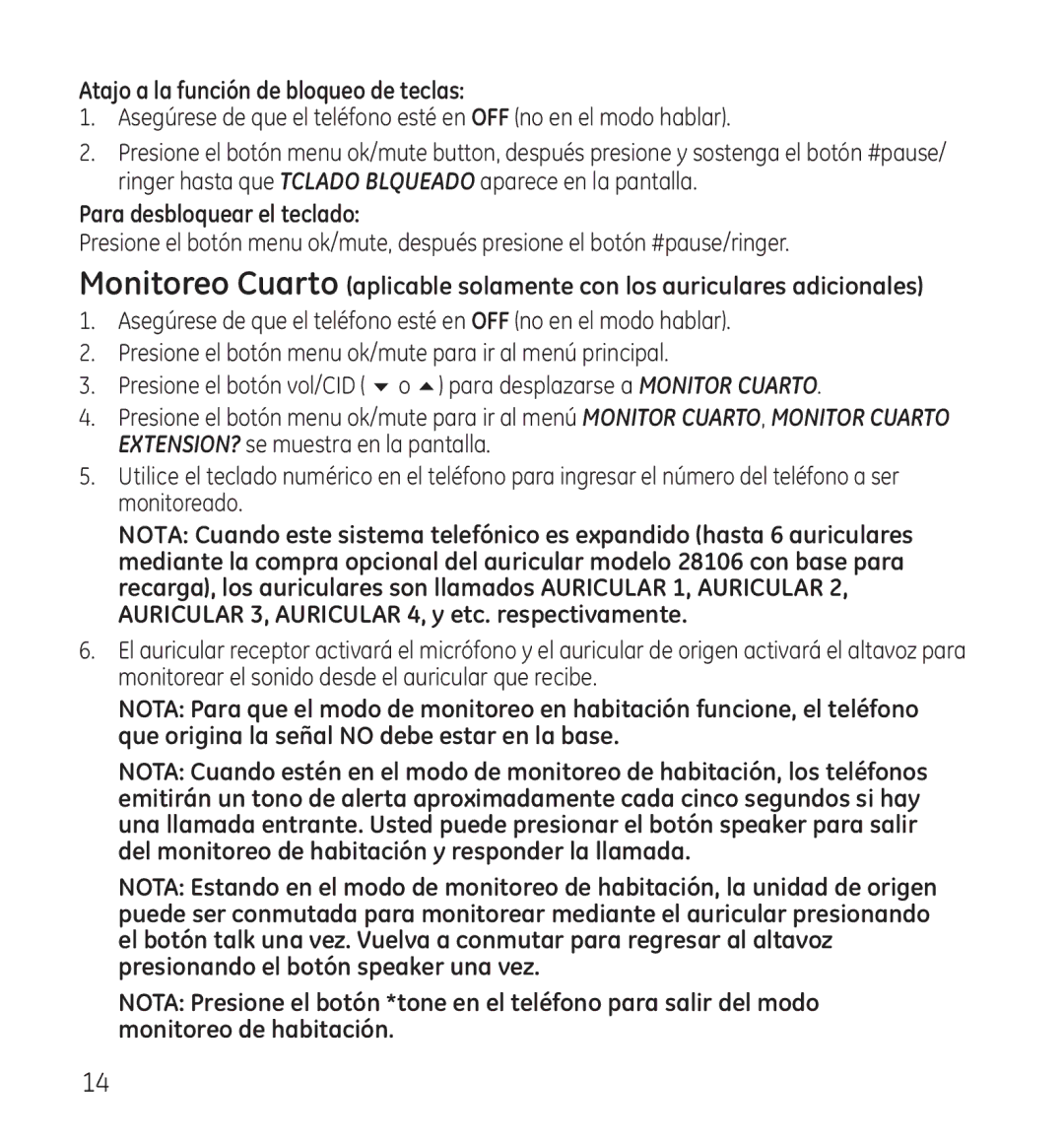 GE 28118 manual Atajo a la función de bloqueo de teclas, Para desbloquear el teclado 