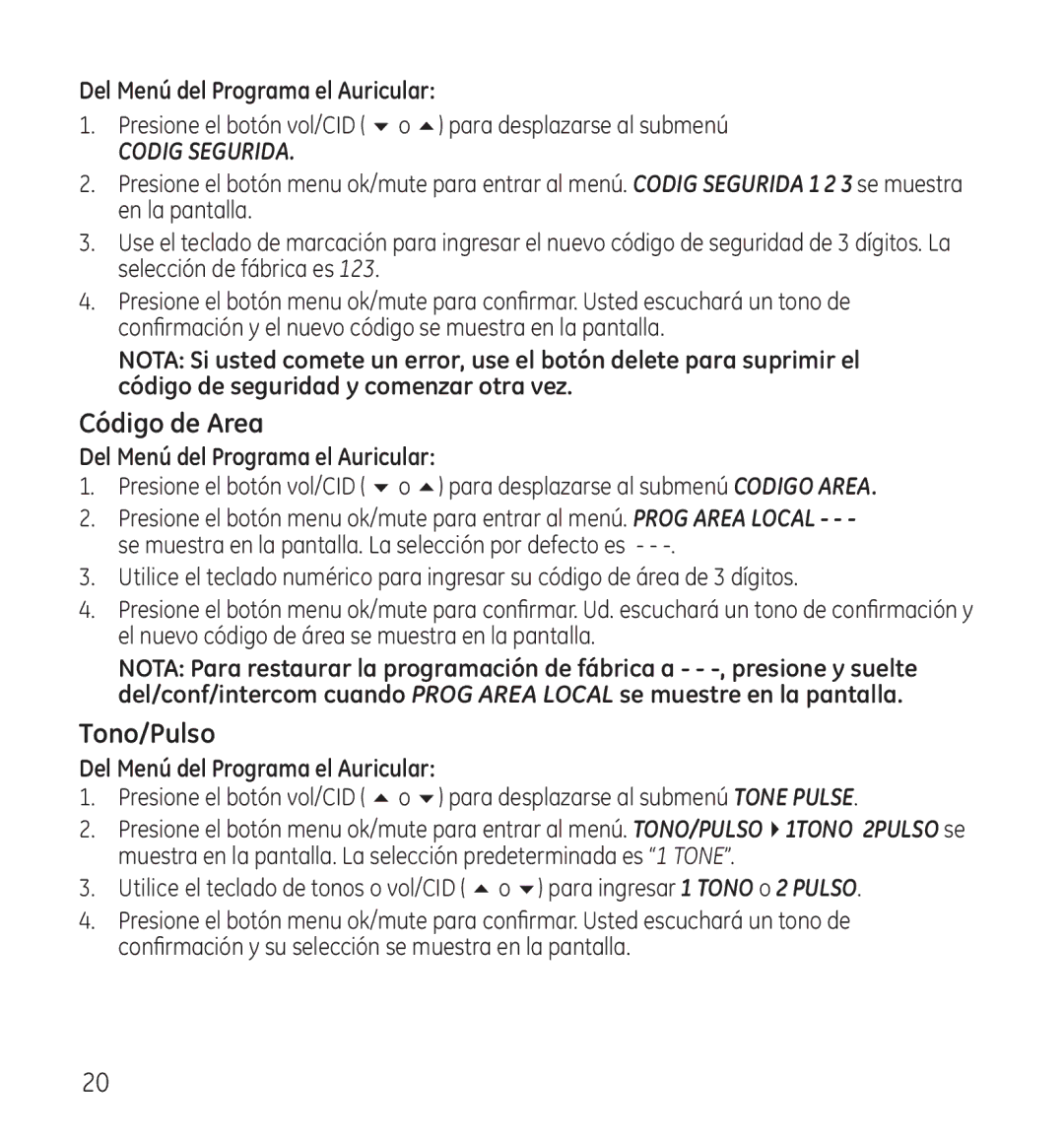 GE 28118 manual Código de Area, Tono/Pulso 