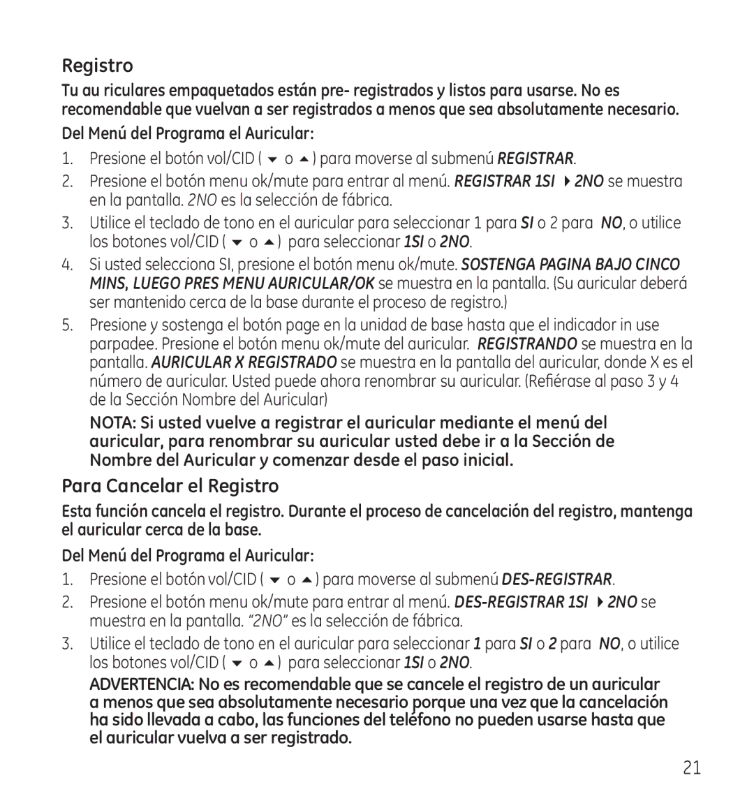 GE 28118 manual Para Cancelar el Registro 