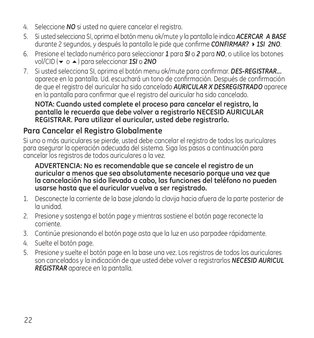 GE 28118 manual Para Cancelar el Registro Globalmente, Seleccione no si usted no quiere cancelar el registro 