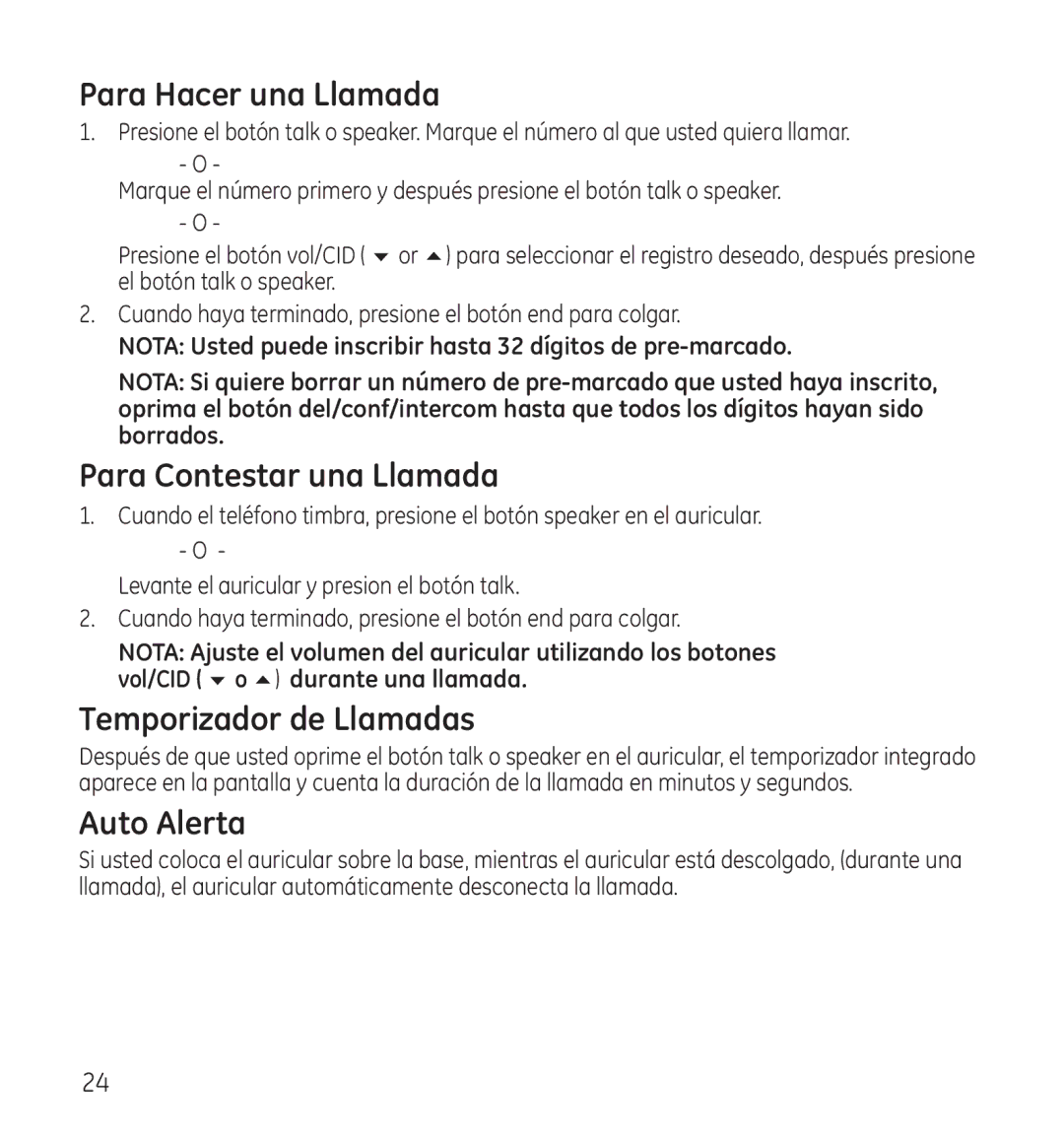 GE 28118 manual Para Hacer una Llamada, Para Contestar una Llamada, Temporizador de Llamadas, Auto Alerta 