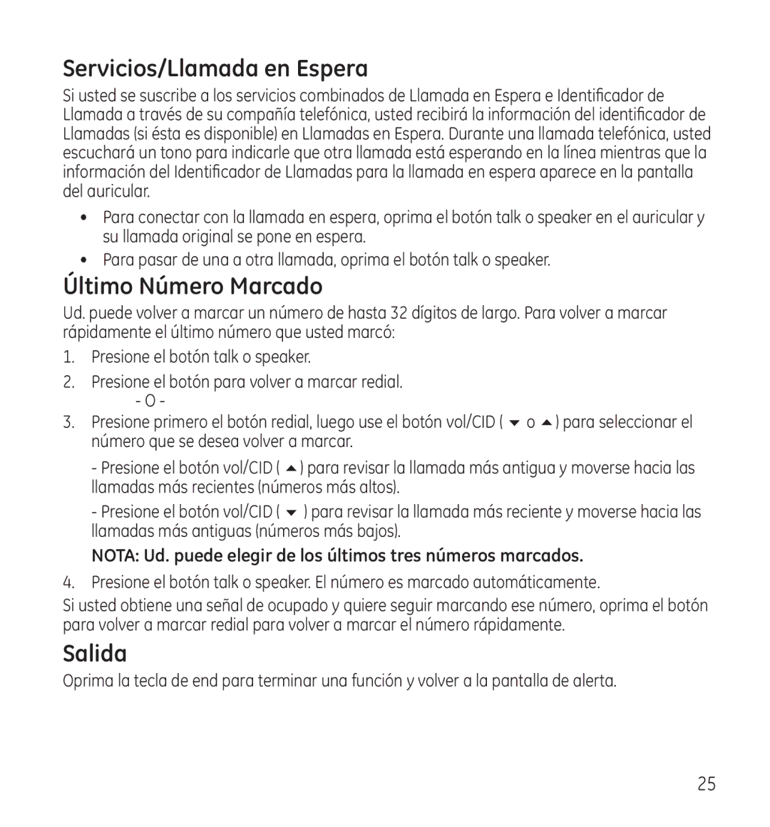 GE 28118 manual Servicios/Llamada en Espera, Último Número Marcado, Salida 