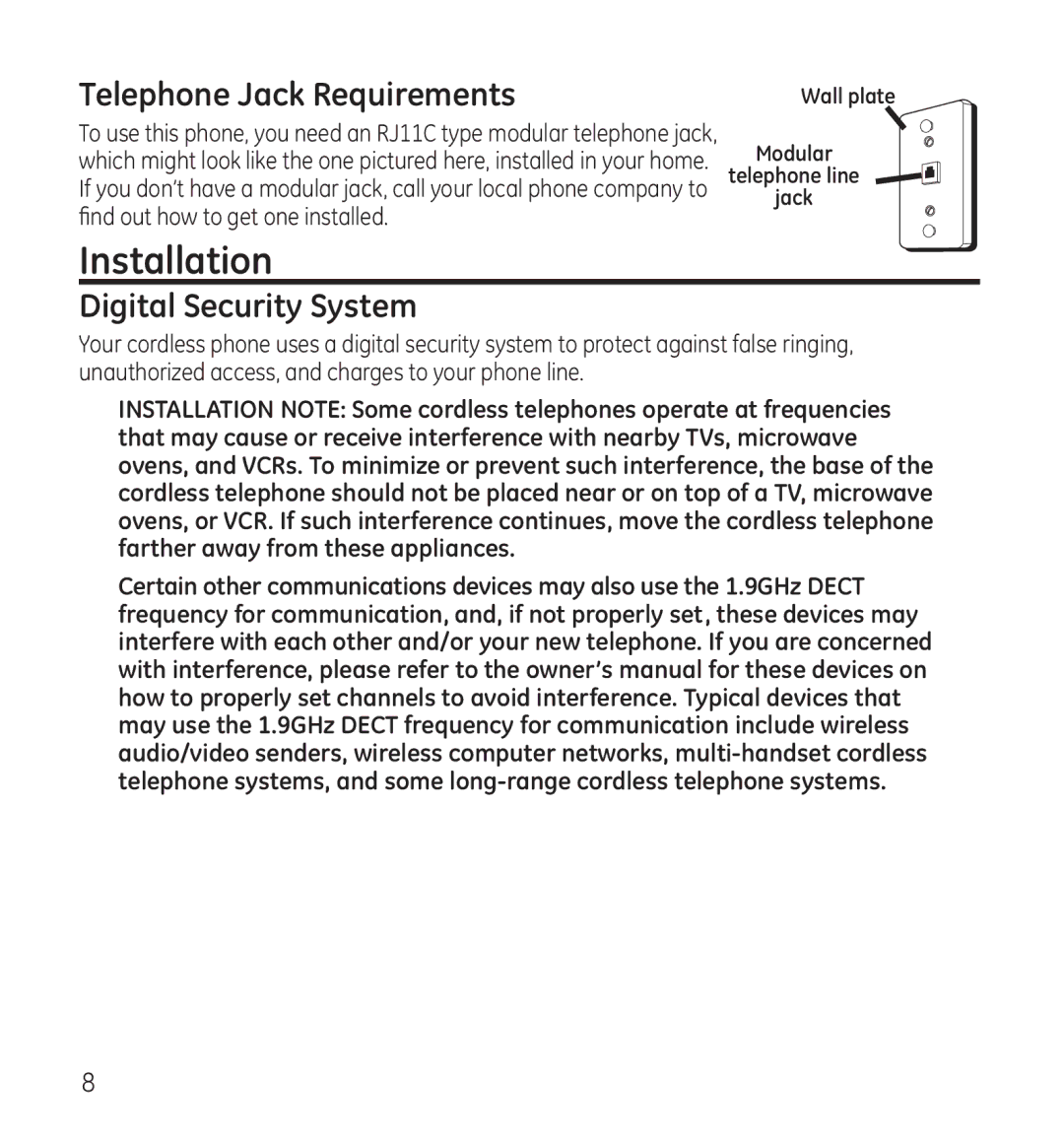 GE 28118 manual Installation, Telephone Jack Requirements, Digital Security System 