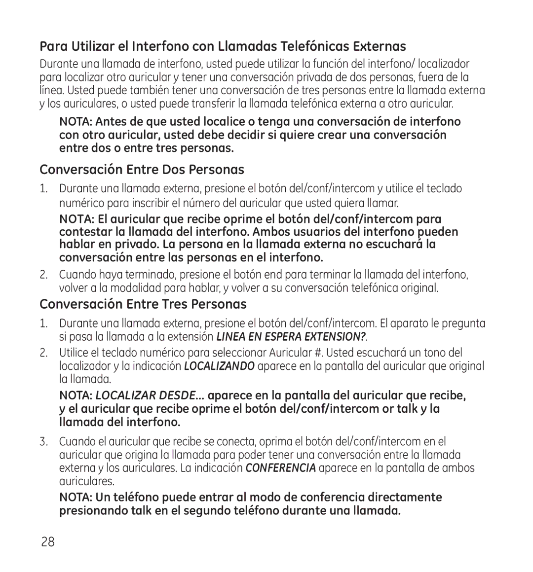 GE 28118 manual Conversación Entre Dos Personas, Conversación Entre Tres Personas 