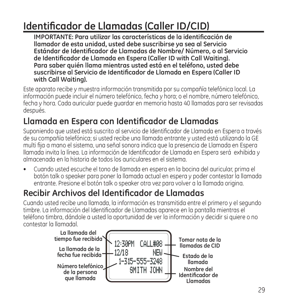 GE 28118 manual Identificador de Llamadas Caller ID/CID, Llamada en Espera con Identificador de Llamadas 