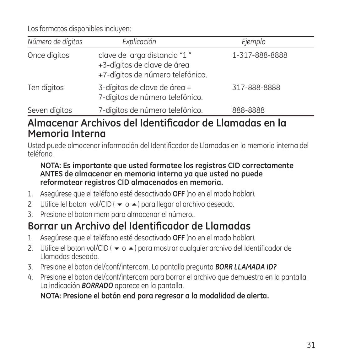 GE 28118 manual Borrar un Archivo del Identificador de Llamadas 