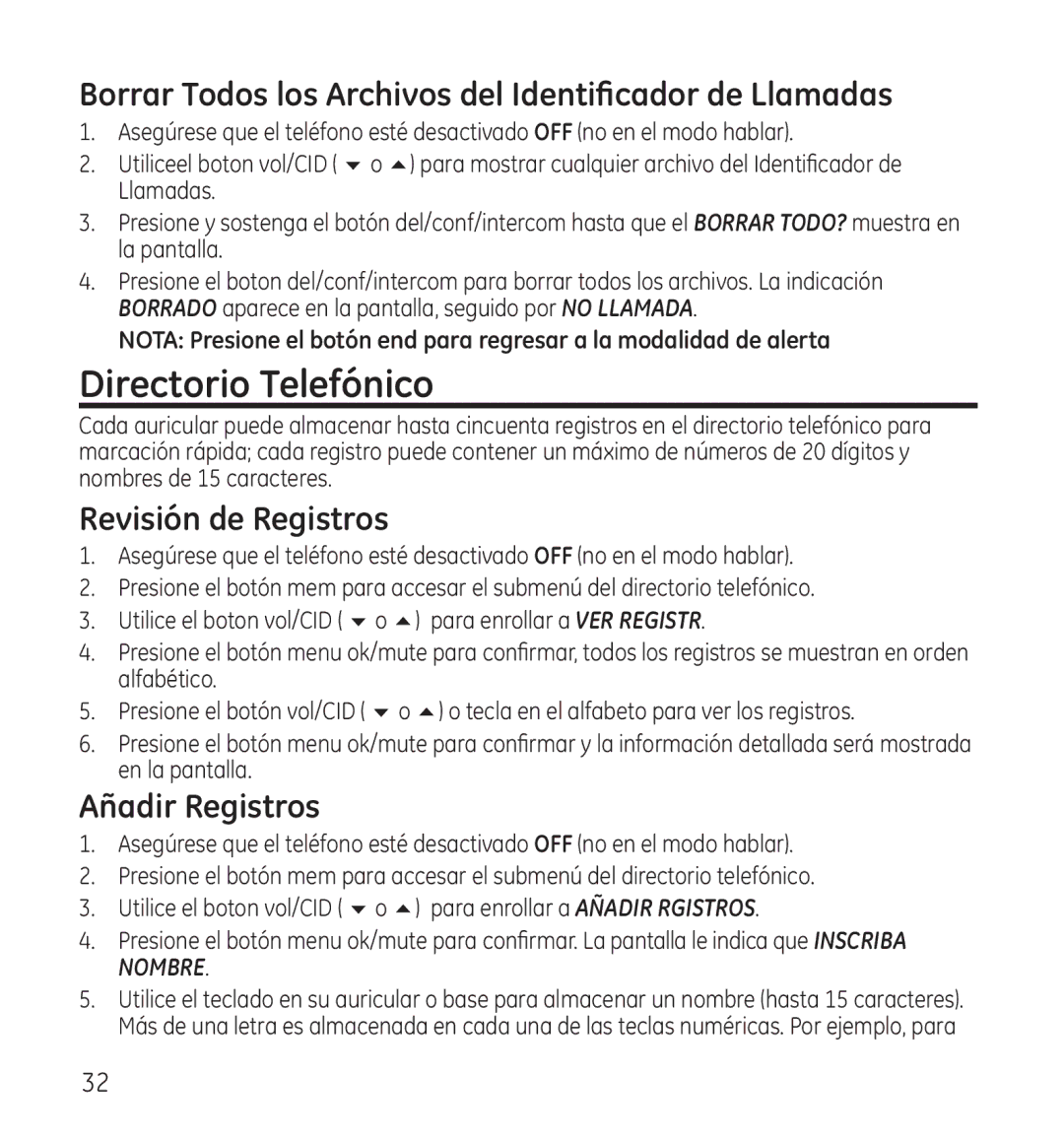 GE 28118 manual Directorio Telefónico, Borrar Todos los Archivos del Identificador de Llamadas, Revisión de Registros 