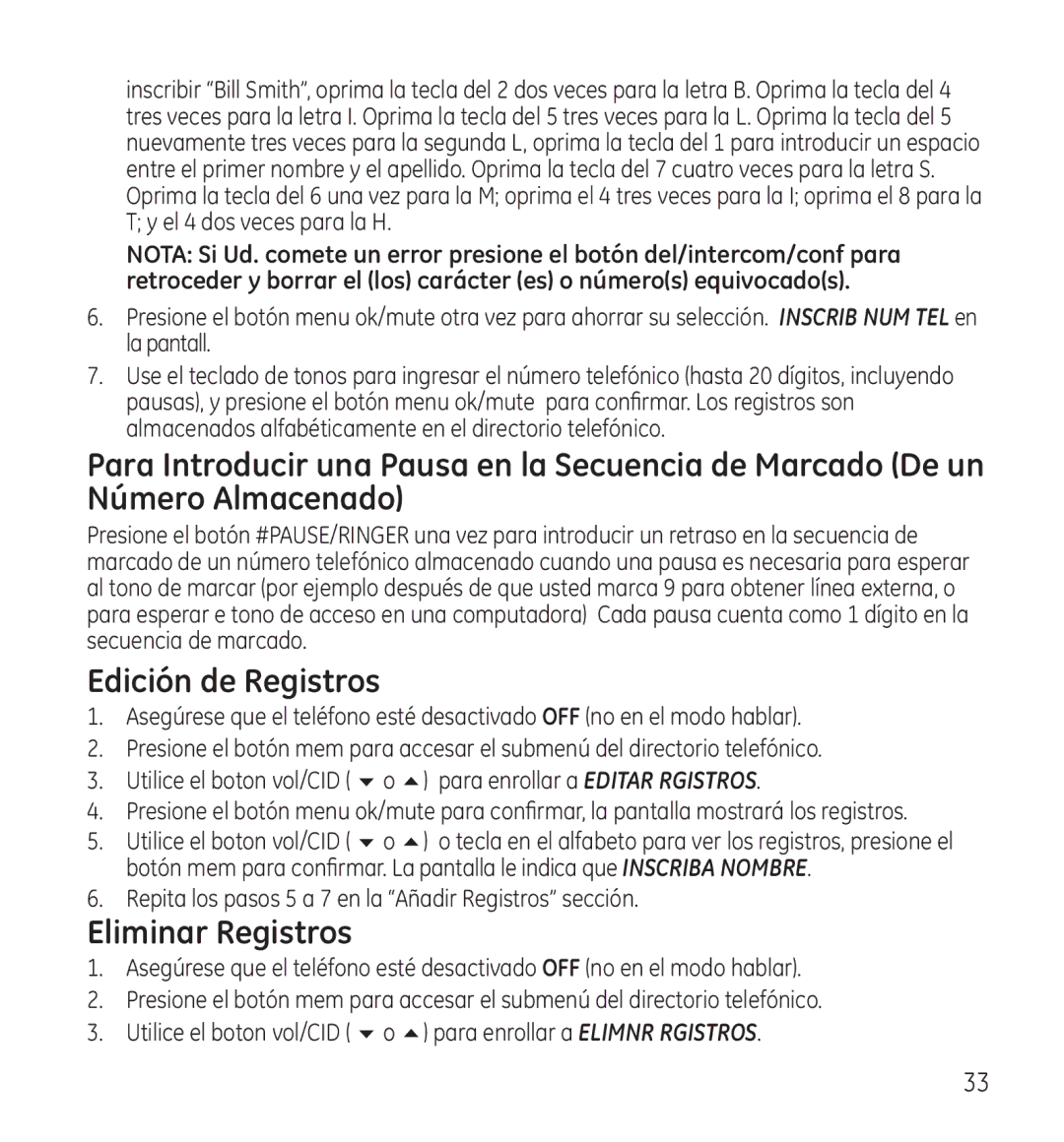 GE 28118 manual Edición de Registros, Eliminar Registros 