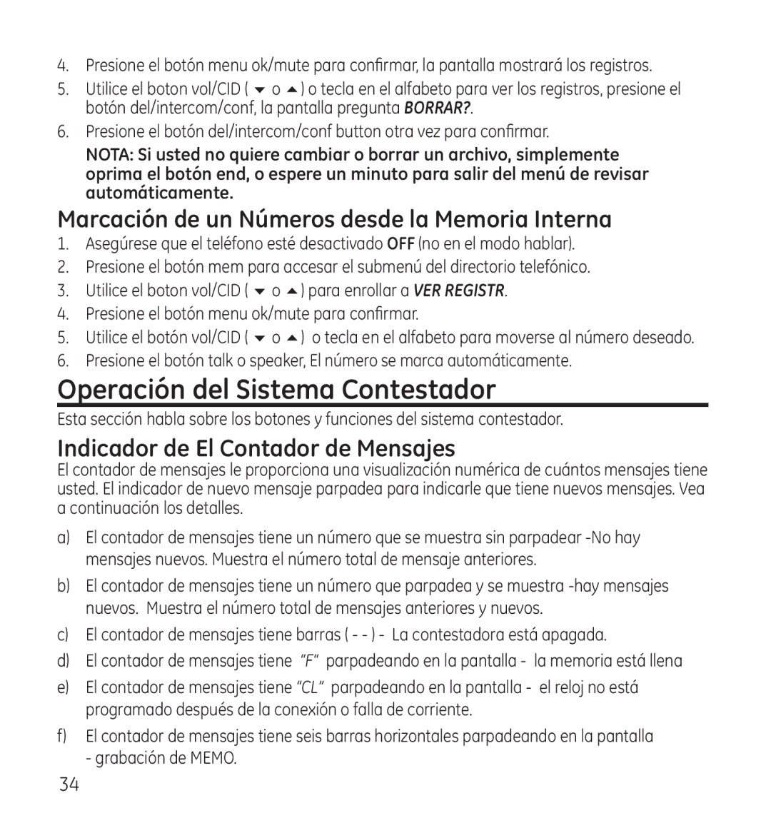 GE 28118 manual Operación del Sistema Contestador, Marcación de un Números desde la Memoria Interna 