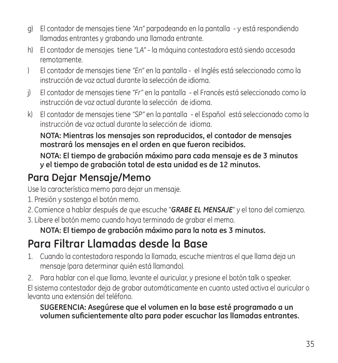 GE 28118 manual Para Dejar Mensaje/Memo, Nota El tiempo de grabación máximo para la nota es 3 minutos 