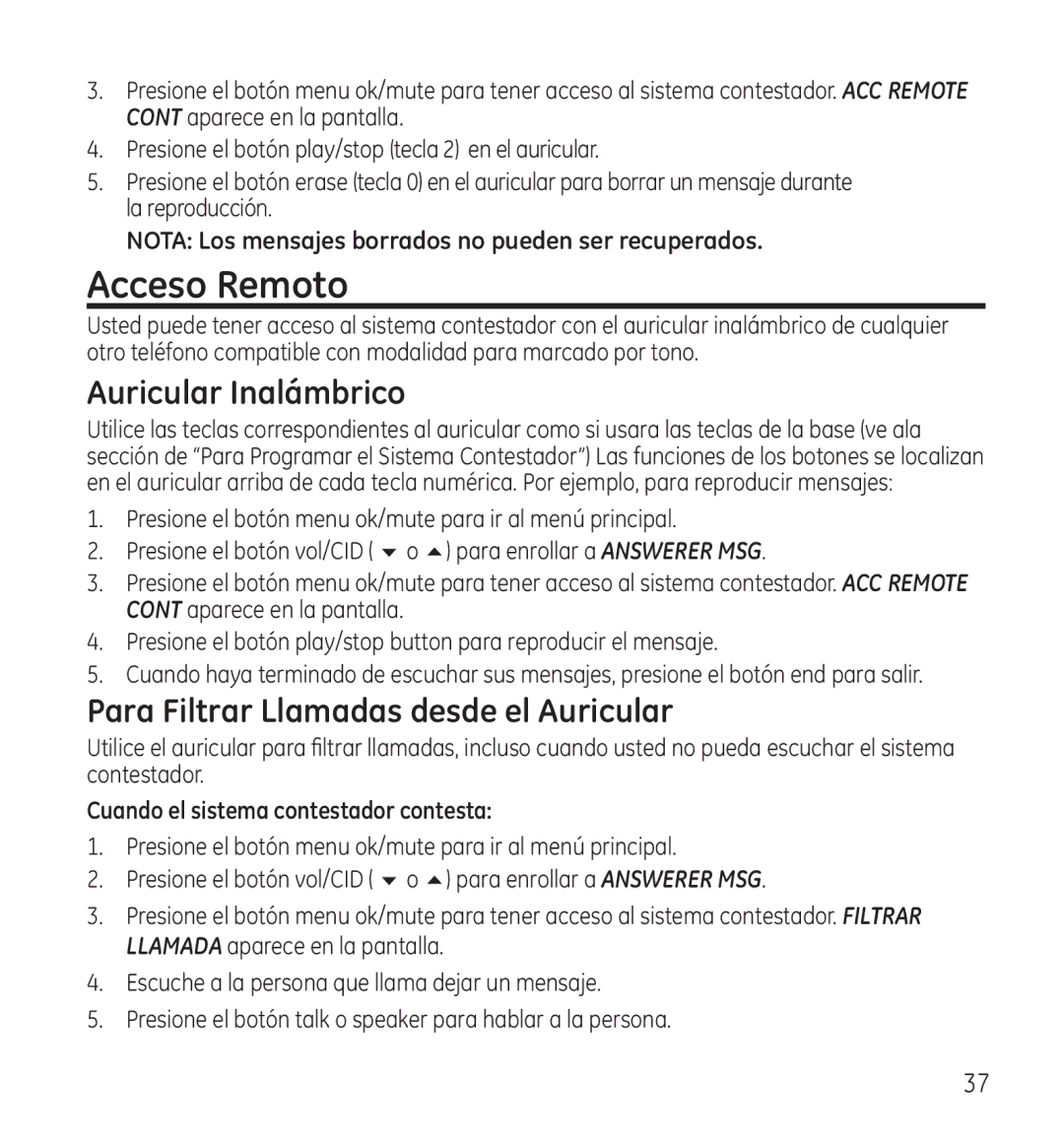 GE 28118 manual Acceso Remoto, Auricular Inalámbrico, Para Filtrar Llamadas desde el Auricular 