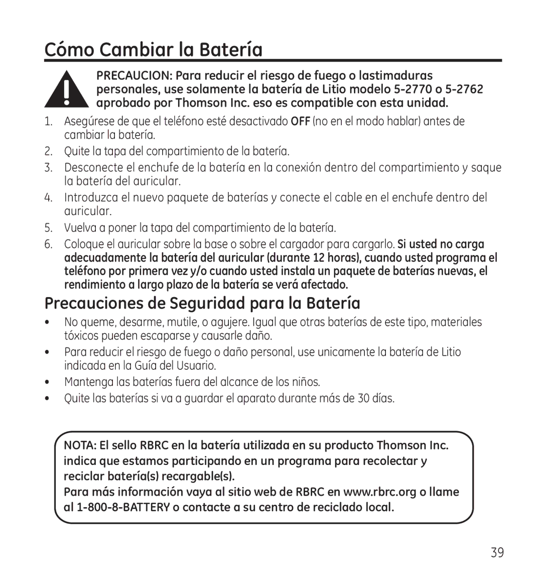 GE 28118 manual Cómo Cambiar la Batería, Precauciones de Seguridad para la Batería 