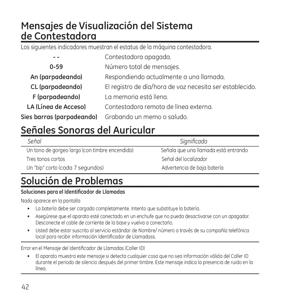 GE 28118 manual Mensajes de Visualización del Sistema de Contestadora, Señales Sonoras del Auricular, Solución de Problemas 