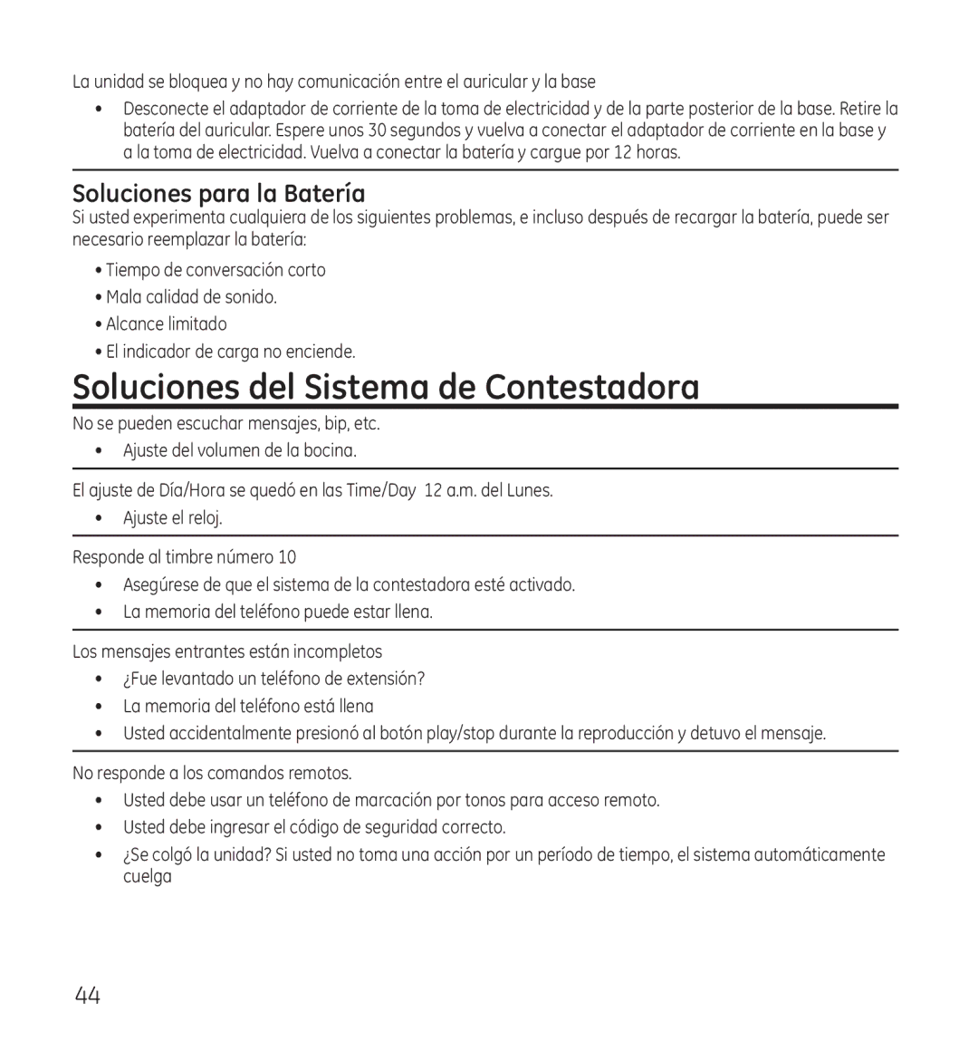 GE 28118 manual Soluciones del Sistema de Contestadora, Soluciones para la Batería 