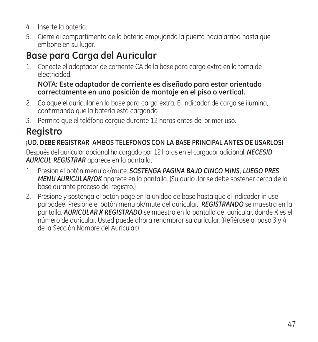 GE 28118 manual Base para Carga del Auricular, Registro 