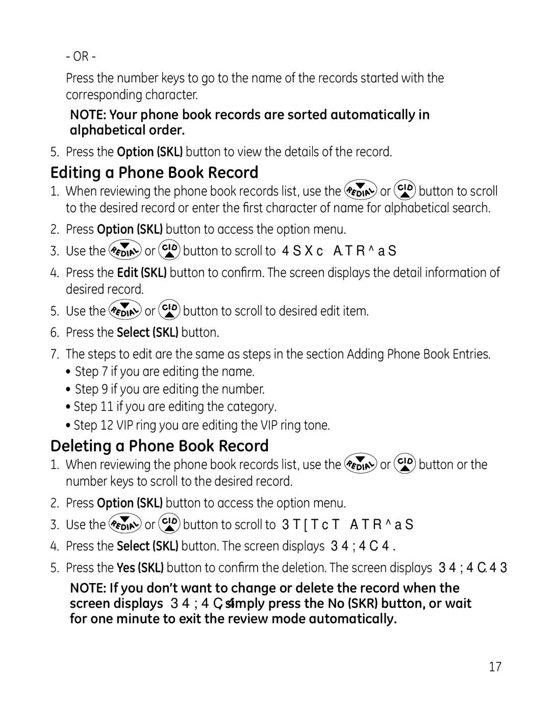 GE 28127 Series manual Editing a Phone Book Record, Deleting a Phone Book Record 