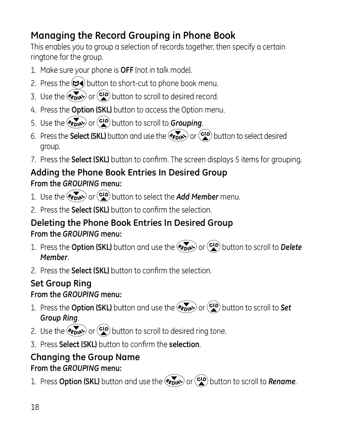 GE 28127 Series manual Managing the Record Grouping in Phone Book, From the Grouping menu 