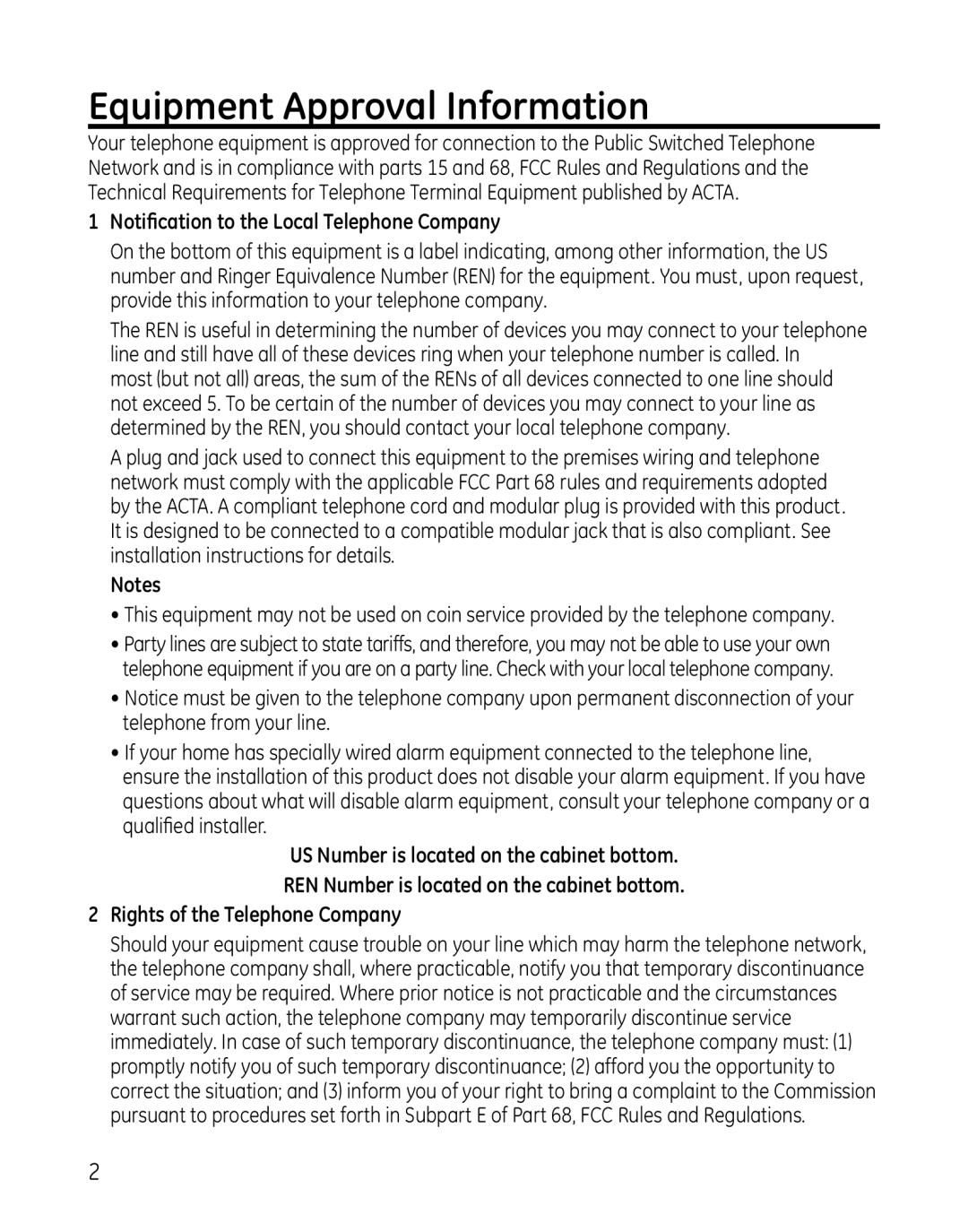 GE 28127 Series manual Equipment Approval Information, Notification to the Local Telephone Company 