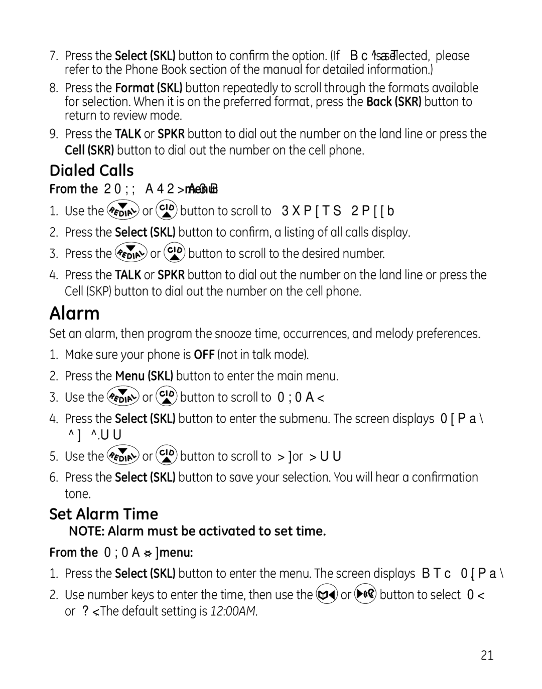 GE 28127 Series manual Dialed Calls, Set Alarm Time, From the Alarm On menu 