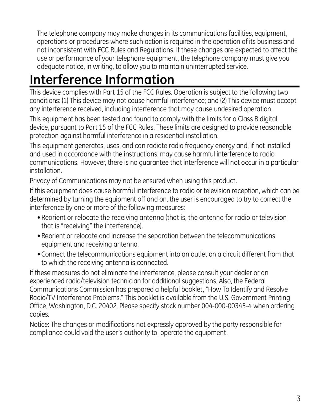 GE 28127 Series manual Interference Information 