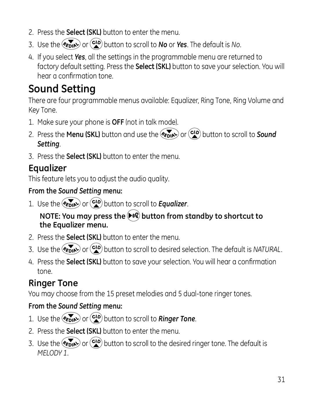 GE 28127 Series manual Equalizer, Ringer Tone, From the Sound Setting menu 