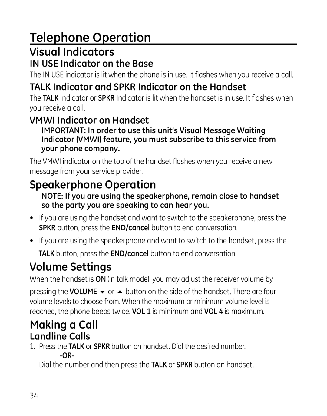 GE 28127 Series manual Telephone Operation, Visual Indicators, Speakerphone Operation, Volume Settings, Making a Call 