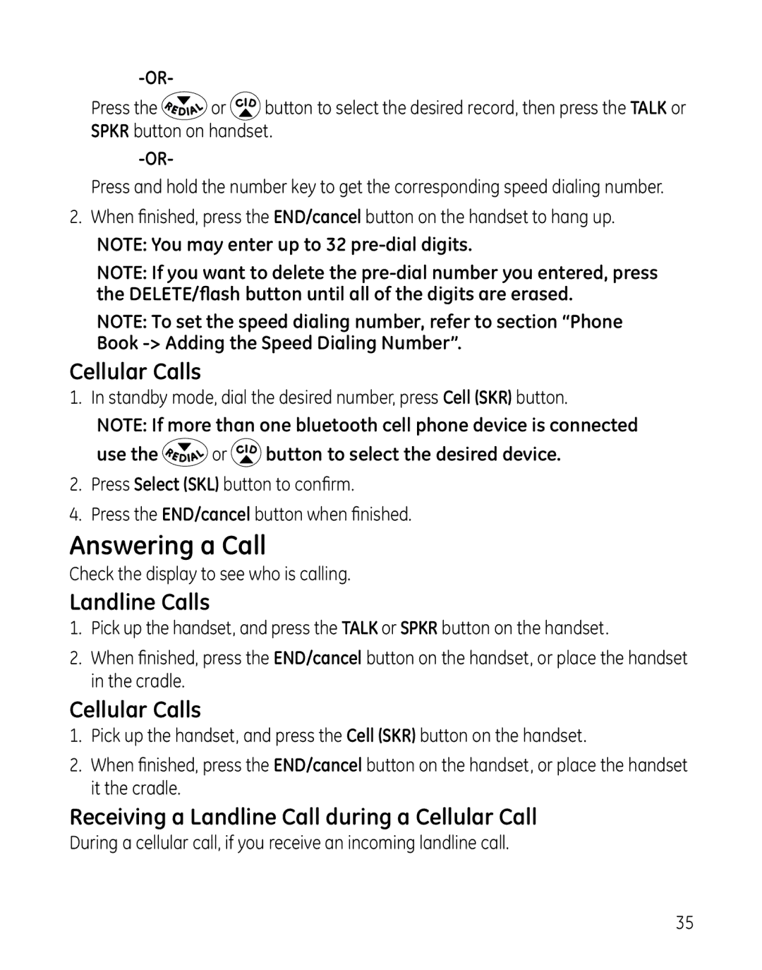 GE 28127 Series manual Answering a Call, Cellular Calls, Receiving a Landline Call during a Cellular Call 