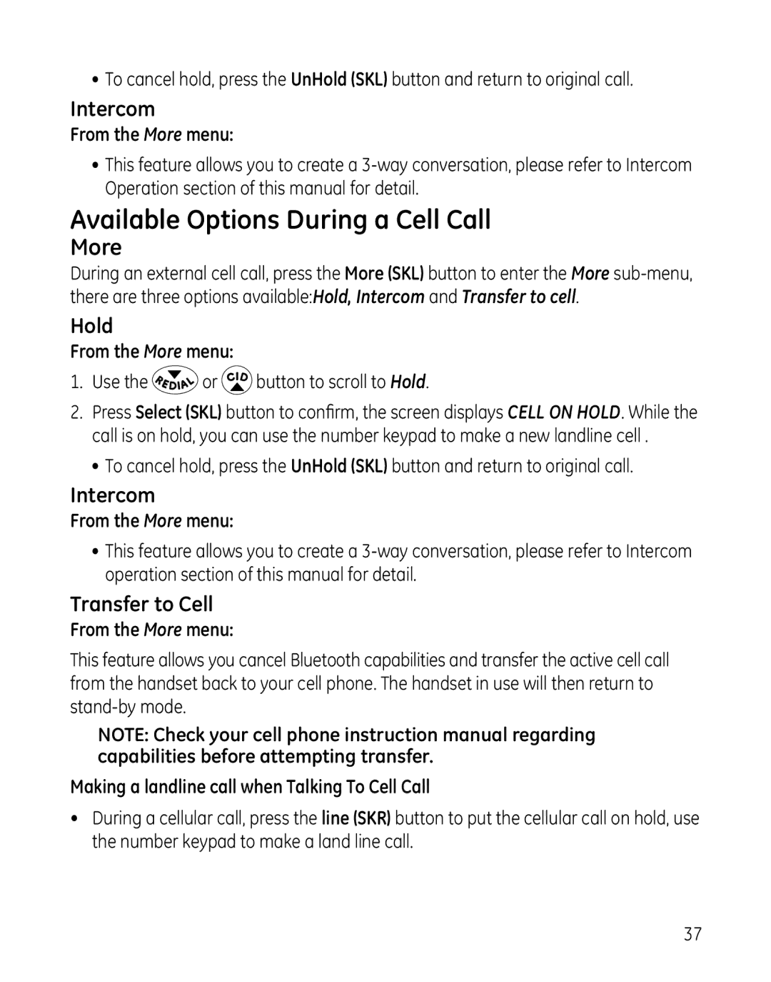 GE 28127 Series manual Available Options During a Cell Call, Making a landline call when Talking To Cell Call 